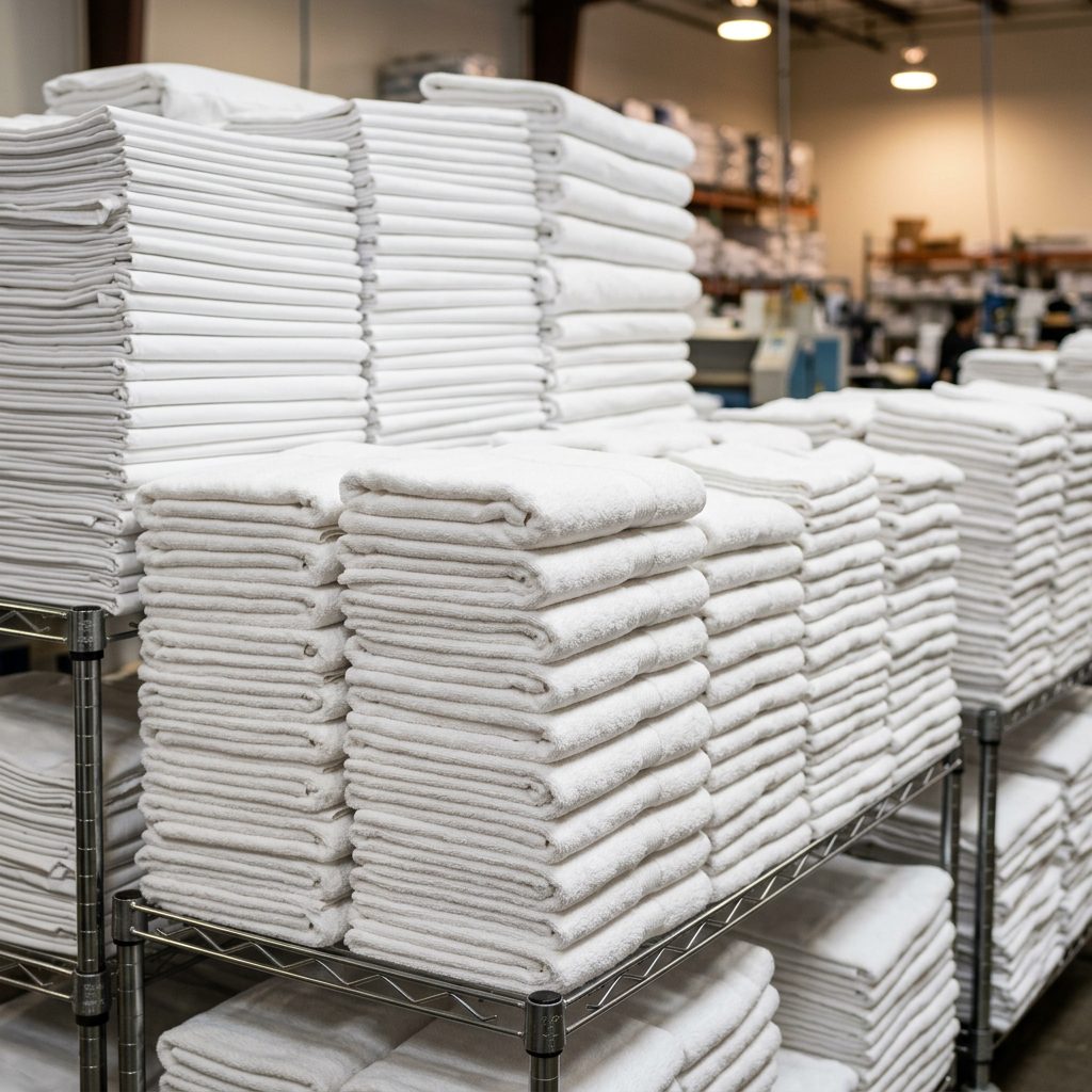 Stacks of bulk wholesale cotton towels in warehouse