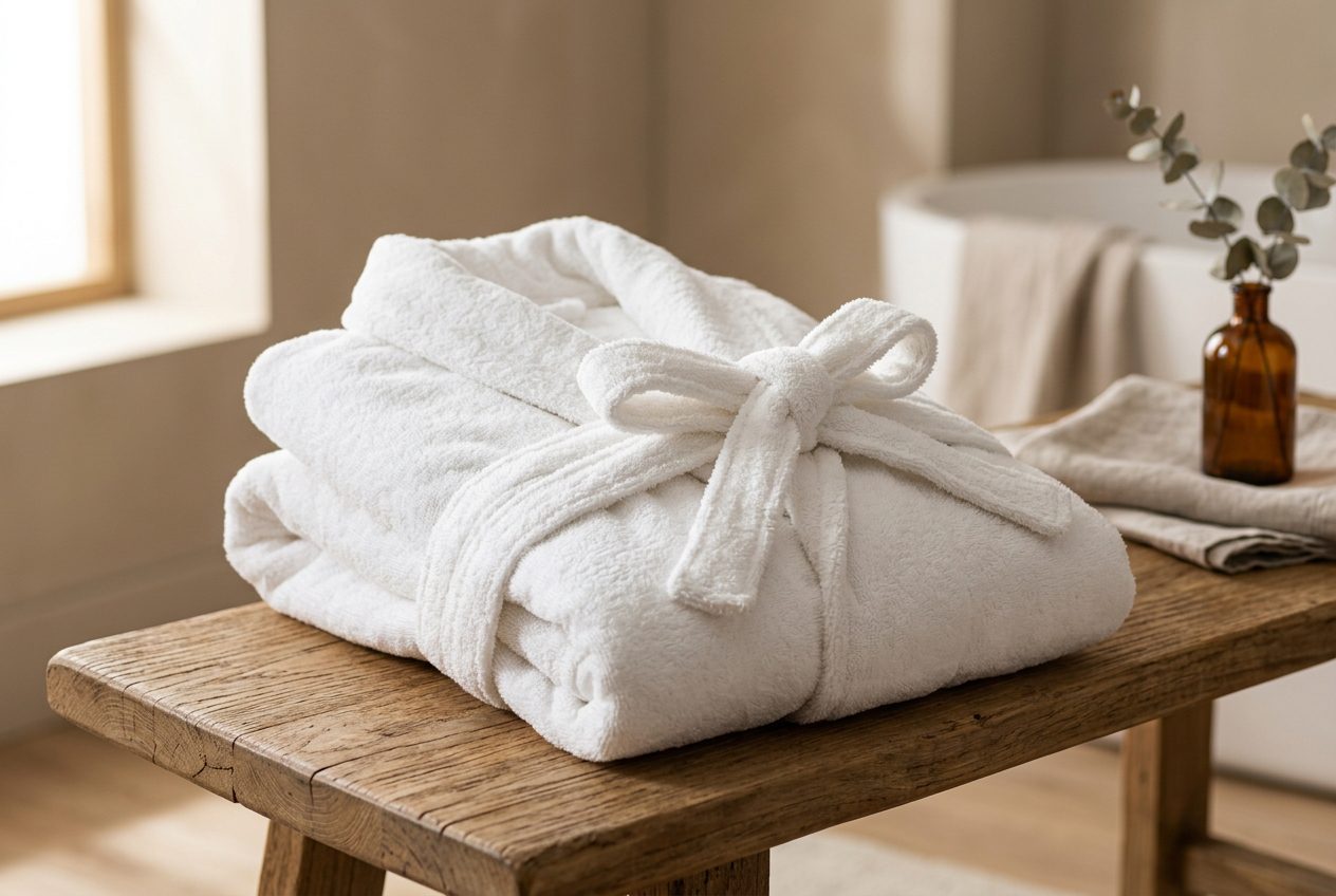 white terry bathrobe folded on wooden bench