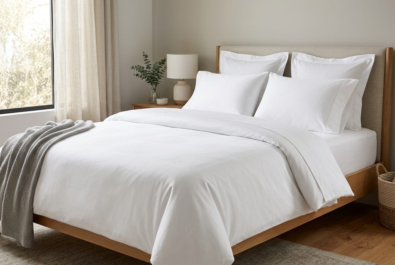 Crisp white bed linens and duvet cover set on modern bed