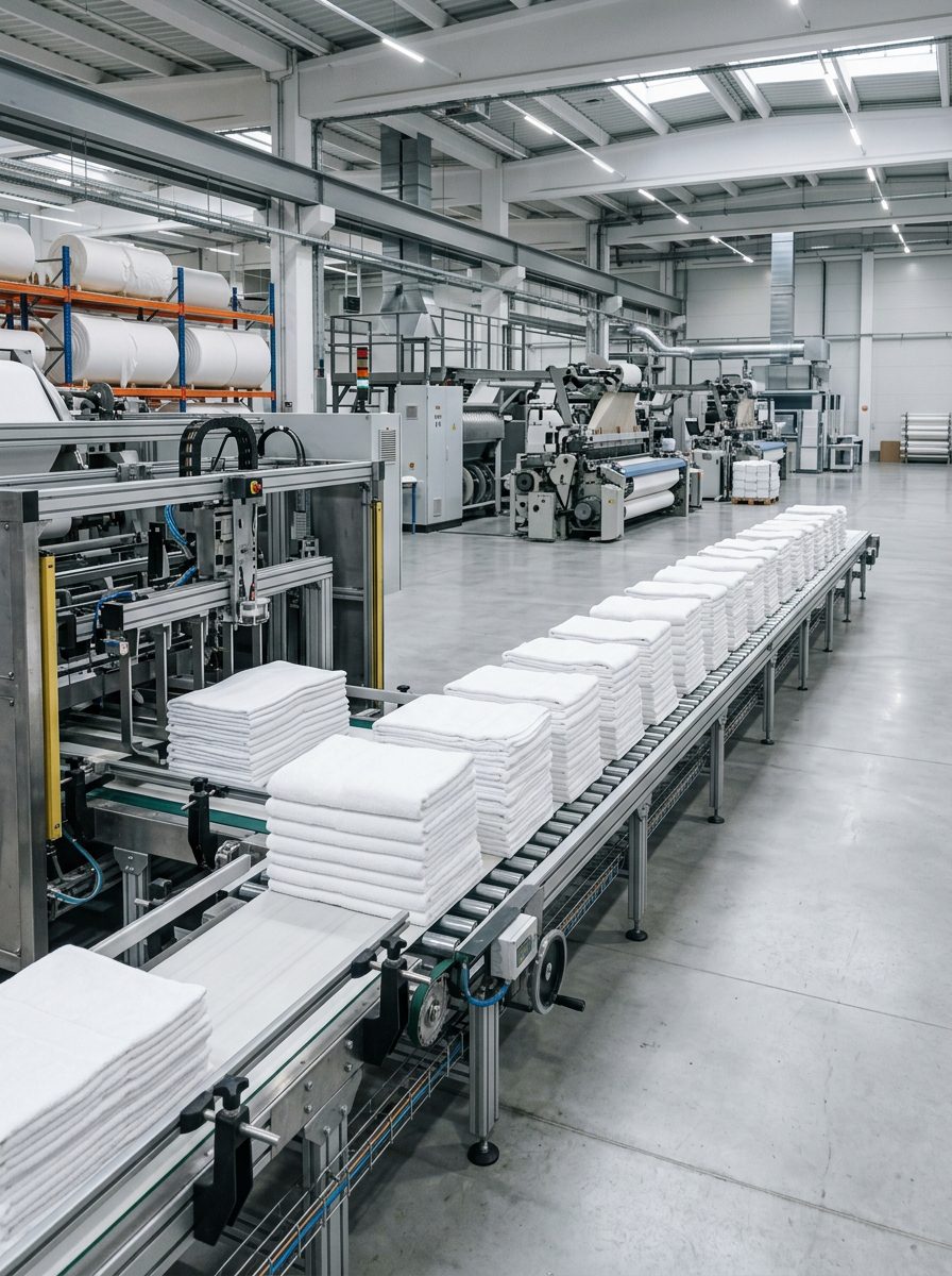 Commercial textile manufacturing line producing wholesale towels