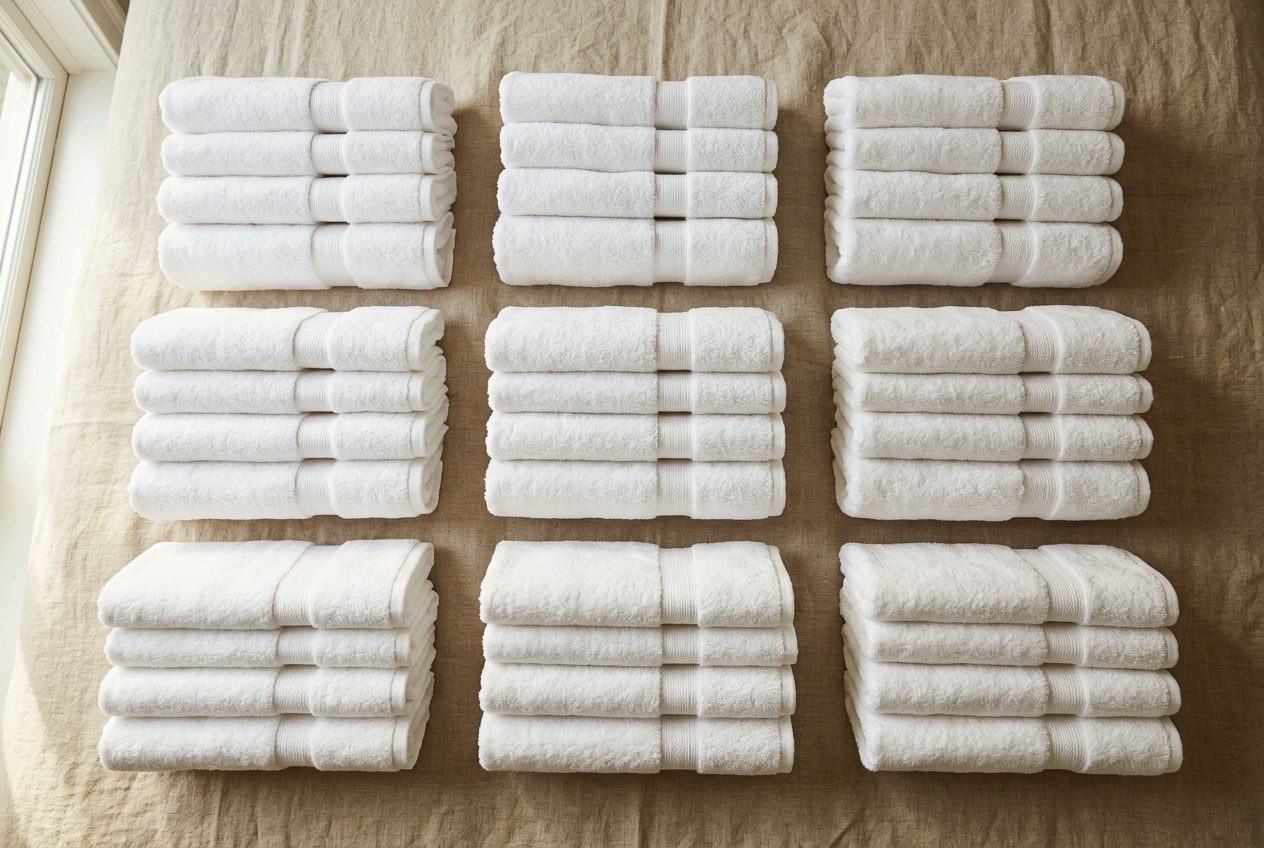 cotton bath towels stacked in bulk